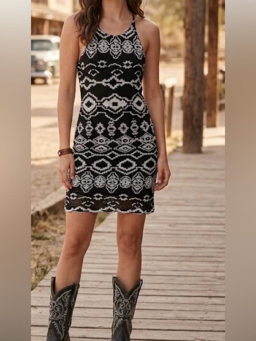 Anthropologie Staring at Stars western Aztec print mini dress black white XS